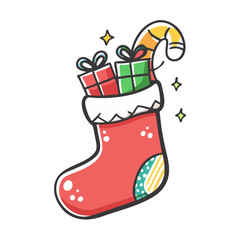 christmas stocking with gifts Illustration, christmas vector illustration - flat illustration of achristmas stocking with gifts, symbolizing holiday celebrations. christmas illustration.