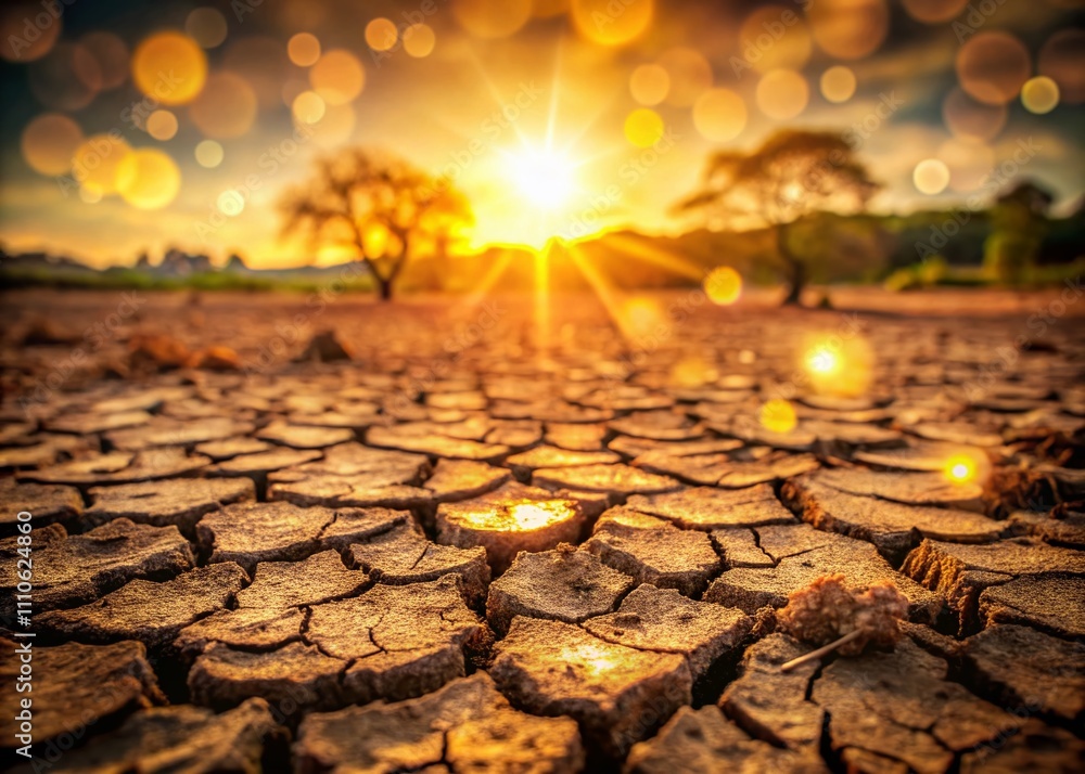 Poster bokeh effect on dried and cracked earth background enhancing textures and patterns in a parched land