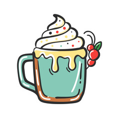 festive mug with whipped cream Illustration, christmas vector illustration - flat illustration of afestive mug with whipped cream, symbolizing holiday celebrations. christmas illustration.