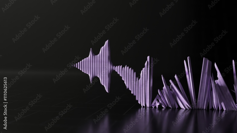 Poster digital purple audio waveform is expanding and vibrating on dark background with reflections, creati