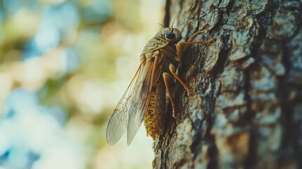 Cicada on a tree, with a soft, defocused natural background 