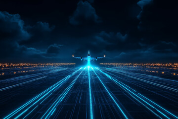 Airplane taking off on a futuristic digital runway    