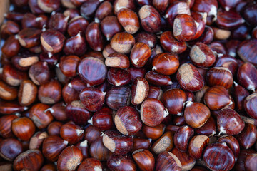 Pile of Fresh Brown Chestnuts Perfect for Autumn or Holiday Season