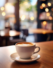 Fototapeta premium A stylish coffee cup on a wooden table, capturing the essence of a warm caf setting