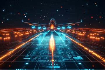 Airplane taking off on a futuristic digital runway    
