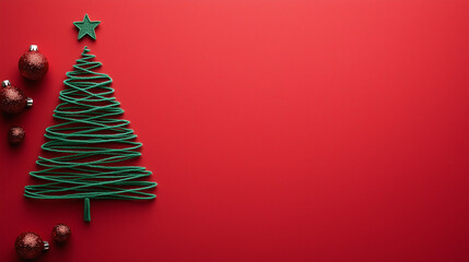 Green yarn Christmas tree with a star topper and red glitter ornaments on a red background, creative and minimal.
