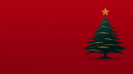 Silhouetted Christmas tree with golden garlands and a star topper on a deep red background, simple and elegant.