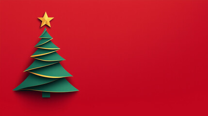 Layered green Christmas tree with golden accents and a star topper on a vibrant red background, modern and simple.