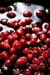 Close-up view of cranberry sauce  preparation, focus on the middle. Traditional cranberry sauce while cooking