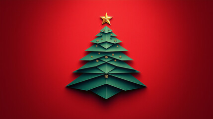 Origami-style Christmas tree with golden snowflakes and a star topper on a vibrant red background, geometric festive art.