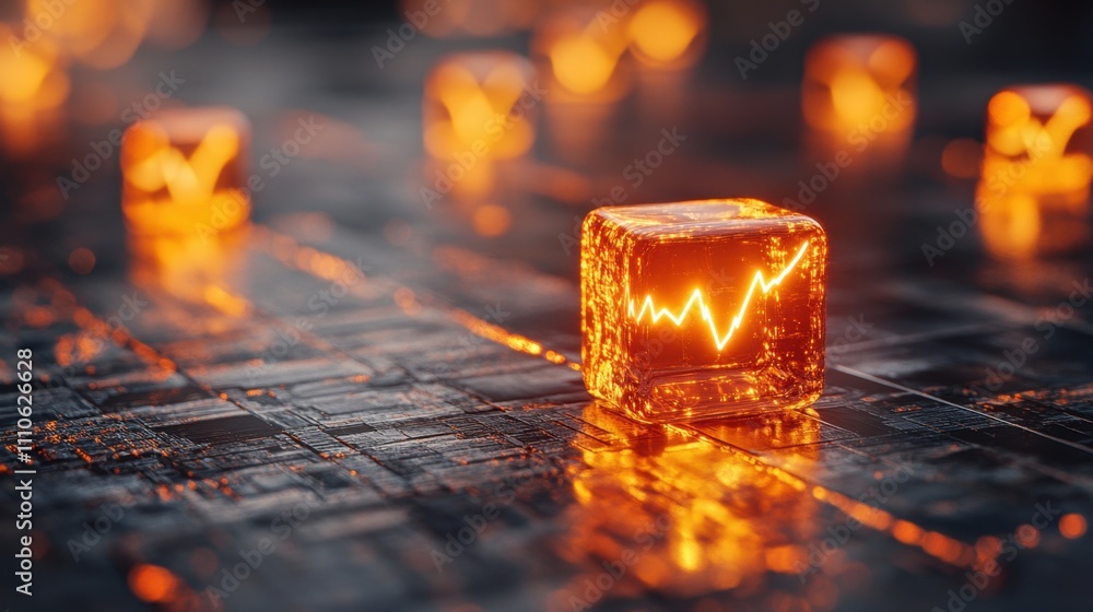 Poster glowing ice cube with growing chart in futuristic digital setting