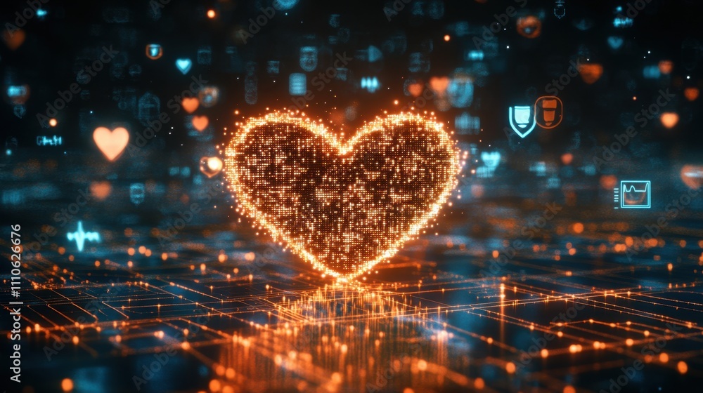 Poster heart shape made of glowing sparkles and data connections