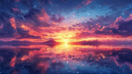 Obraz premium Serene Sunset Over Calm Water Mountains Visible