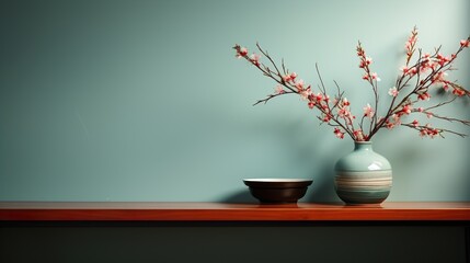 Interior wall mock up with flower vase,dark brown wall and wooden shelf. 