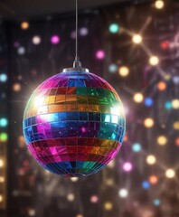 Obraz premium Colorful disco ball hanging at a party with bokeh lights in the background, celebration, music