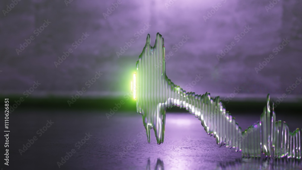 Poster glass sculpture resembling a sound wave or frequency visualization is illuminated by a green light s