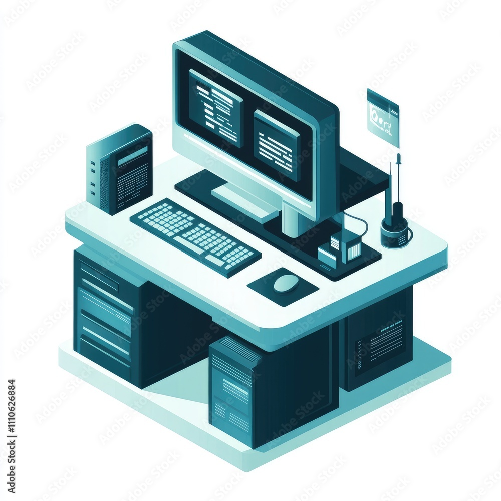 Poster isometric illustration of a programmer's workspace.