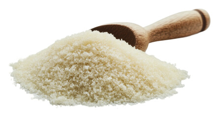 Sugar pile with wooden scoop on white background, cut out - stock png.