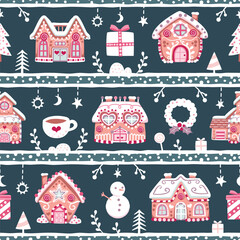 Seamless pattern with cute colorful gingerbread houses, Christmas trees and presents in dark blue stripes. Repeated surface vector design.