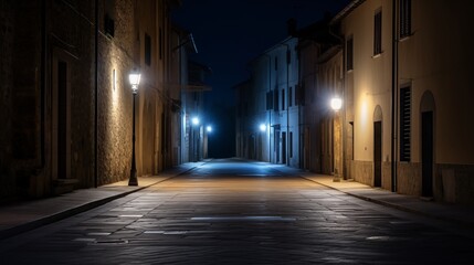 Fototapeta premium A peaceful long exposure photo of a quiet street at night, with a soft-colored background. The subject is centered with space left on either side. Backlighting ,generative ai illustration