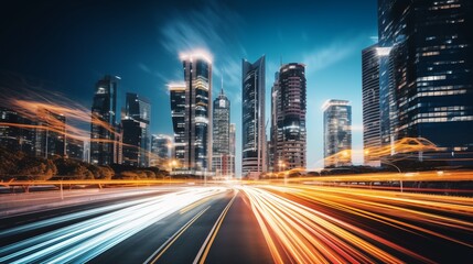 Fototapeta premium A photograph of a city skyline at night with lights captured in motion. The background is a light color, with the subject placed on the right side. Golden Hour Lighting ,generative ai illustration