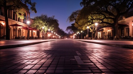 Obraz premium A serene long exposure photograph of a quiet city street at night. light in color with the subject positioned on the left. Soft Natural Light adds a touch of tranquility ,generative ai illustration