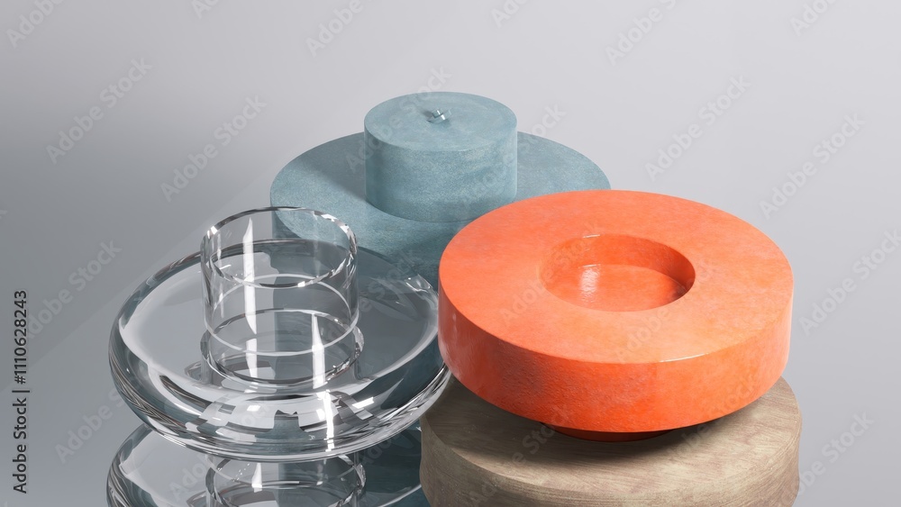 Poster teal, orange and transparent glass decorative objects of different shapes and sizes balancing on woo