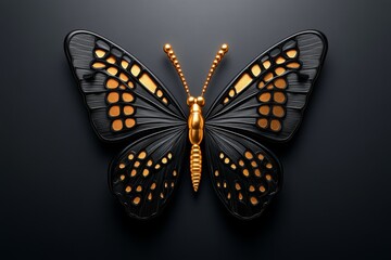 A bold butterfly silhouette with symmetrical wings, rendered in a striking black and gold color scheme