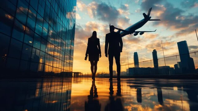 Silhouetted businesspeople walking in an airport terminal at sunset, with a plane flying overhead and city skyline visible.