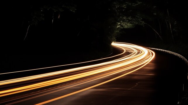 A slow-shutter photo capturing a car light trail at night. The soft-colored background allows the lights to pop. The subject is on the left side, ,generative ai illustration