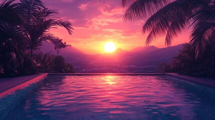 Serene Sunset Over Tropical Pool And Mountains