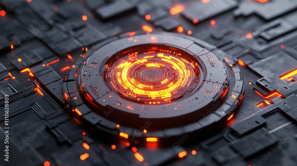 Poster futuristic abstract circular design with glowing orange elements