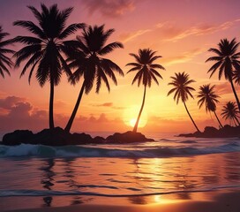 Beautiful sunset over the sea with silhouette of palm trees, palm trees, sea
