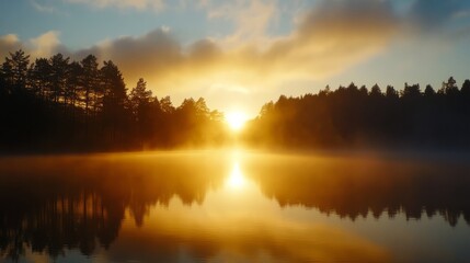 Fototapeta premium A peaceful sunrise over a foggy lake, with silhouettes of trees in the distance. 