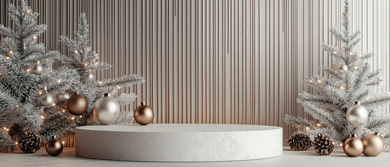 Christmas 3d podium, stage, scene, for product presentation with gifts, christmas trees, golden decorations, lights on beige. New year showcase. Mockup. Generative ai