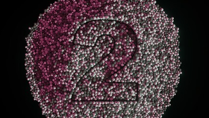 Number two formed by many small spheres creating a beautiful texture forming the digit on a black background, perfect for illustrating concepts related to mathematics, numbers, and counting