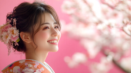 成人式のために着物を着た女性