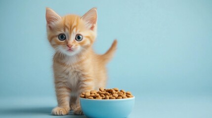 Adorable Orange Kitten Curious Near Bowl of Dry Cat Food