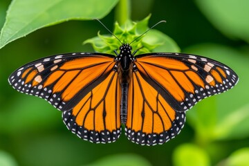 Fototapeta premium A close-up of a monarch butterfly perched on a sunflower, its vibrant orange and black wings glowing in the sunlight
