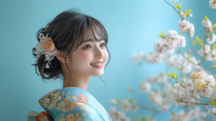 成人式のために着物を着た女性