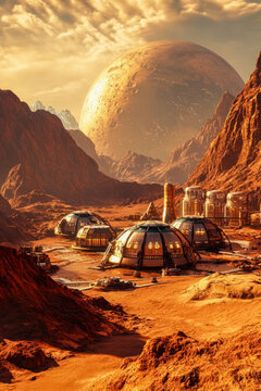 Space colony buildings on mars like red rocky planet under a giant moon