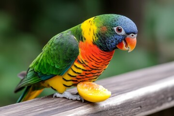 Naklejka premium A colorful parakeet in a cozy cage, nibbling on a piece of fruit with a playful expression
