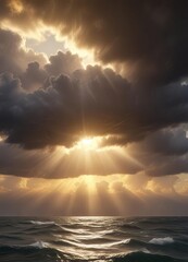 Majestic golden light rays breaking through storm clouds, climate, intense