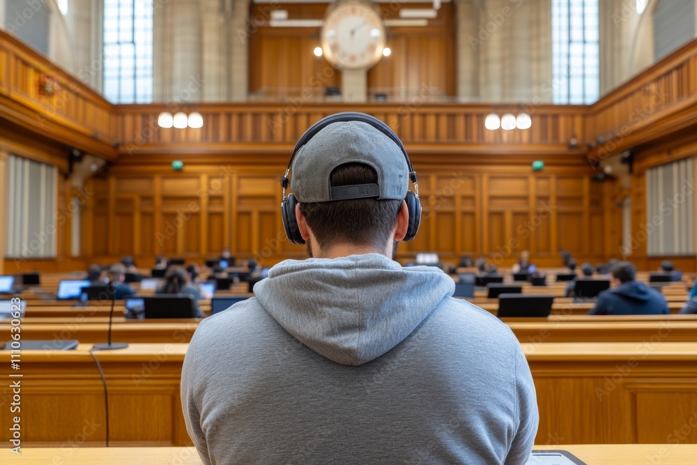 Poster a cozy university lecture hall with students typing on laptops while the professor presents a slides
