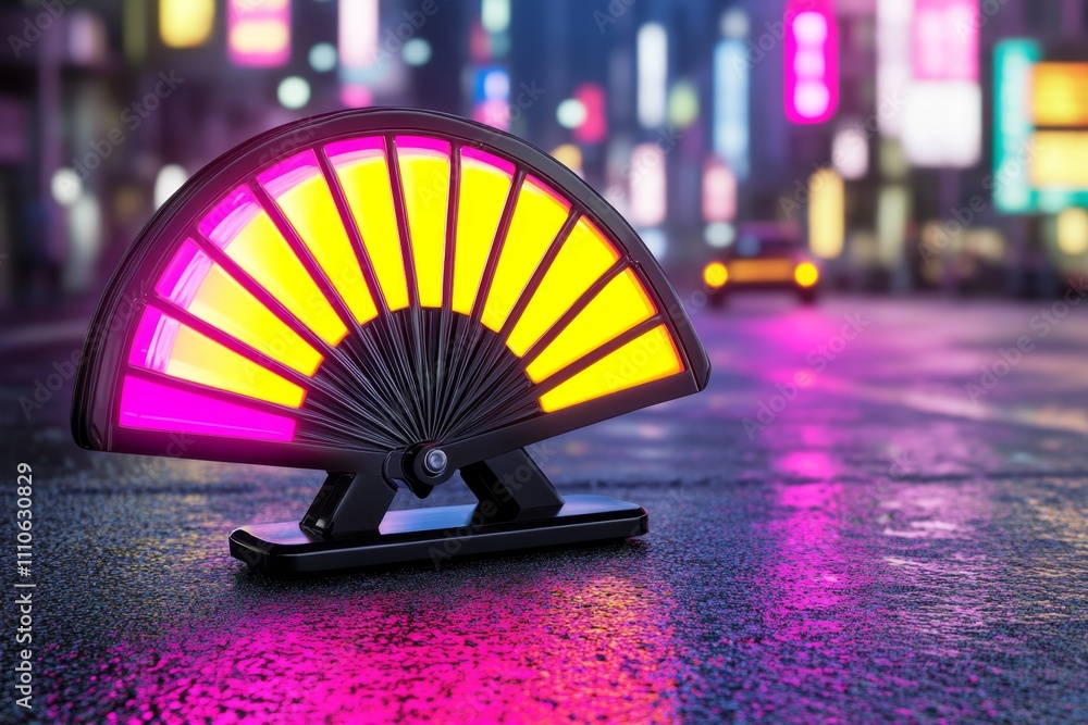 Poster a cyberpunk-inspired cmyk color swatch fan glowing with neon lights, set against a dark futuristic c