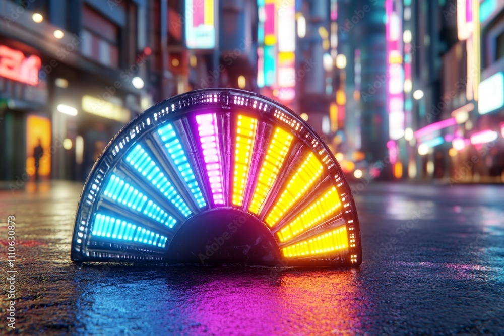 Poster a cyberpunk-inspired cmyk color swatch fan glowing with neon lights, set against a dark futuristic c