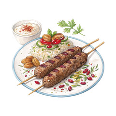 Top view turkish kebab with grilled isolated on transparent background, PNG file, grilled steak with vegetables