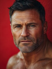 Intense Portrait of Man Against Vibrant Red Backdrop with Strong Expression