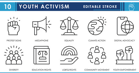 A set of line icons related to Youth Activism. Protest, megaphone, equality, climate action, advocacy, youth empowerment, and so on. Vector editable stroke.
