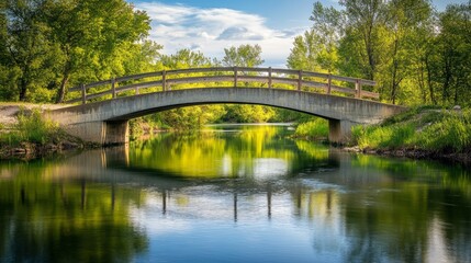 Fototapeta premium A simple concrete bridge over a tranquil river, with reflections of the sky and trees in the water below
